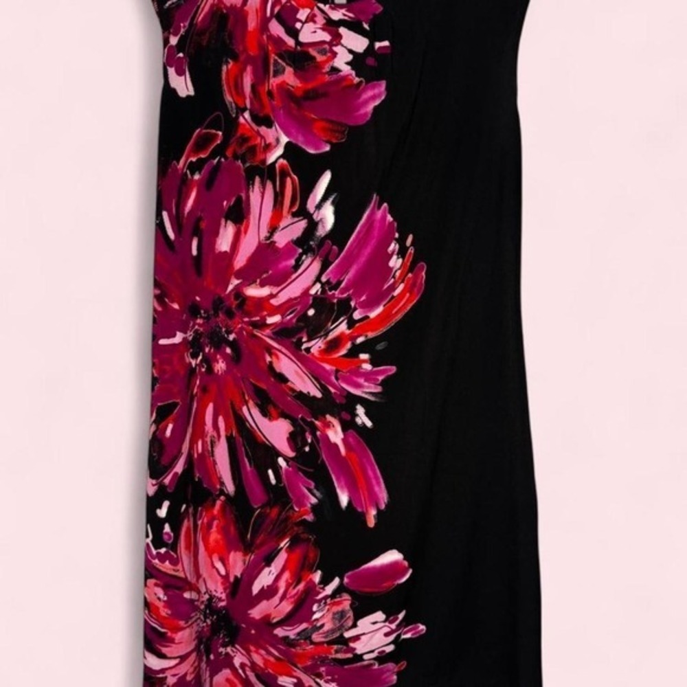 London Style Collection Black Pink Floral Pleated Neck Sheath Dress Size L